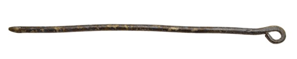 Metal locking pin with tip and curved part (eye), pin fastener part soil find copper metal, rod metal with pointed end and tip