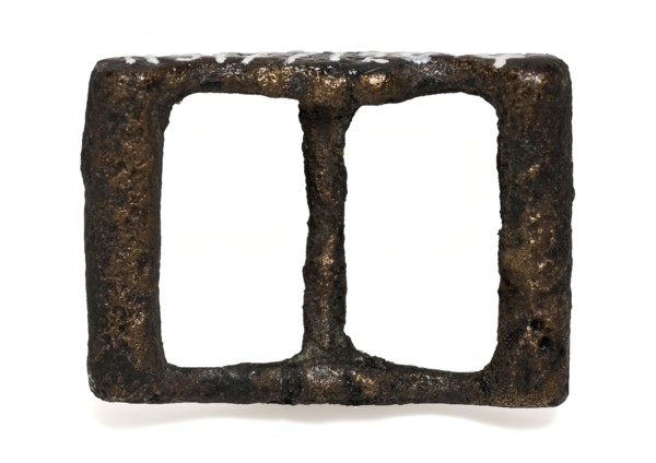 Small brass clasp, rectangular and slightly curved, clasp fastener component soil find brass metal, cast Buckle