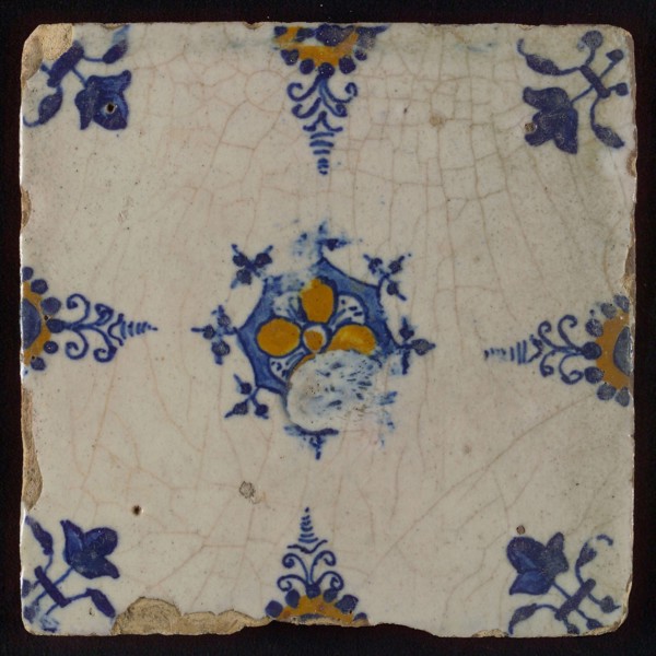wall tile tile image ceramics pottery glaze, baked 2x glazed painted 'Haarlem tile' reddish yellow red shard square Four nail
