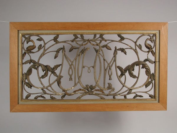 Top light with cut monogram amidst vines with leaves, in new frame, cutting window surface light wood carving sculpture visual