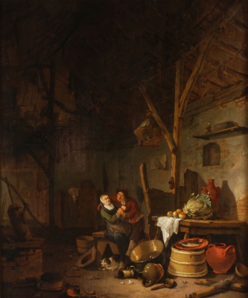 Egbert van der Poel, Farm interior with 'stirring' couple and still life in the foreground, painting footage oil paint paint