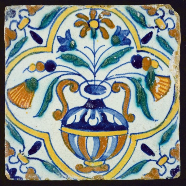 Polychrome flowerpot tile, corner motif wing leaf, wall tile tile sculpture ceramic earthenware glaze, baked 2x glazed painted