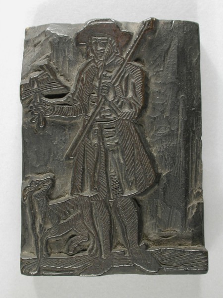 E. de Bont, Wooden cliché for an image of custodian for New Year's wish, cliché printing equipment wood, cutting Wooden cliché