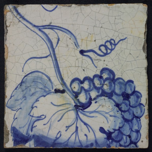 Blue tile of pilaster of 39 tiles: leaf and bunch of grapes, tile pilaster footage fragment ceramics pottery glaze, Four blue