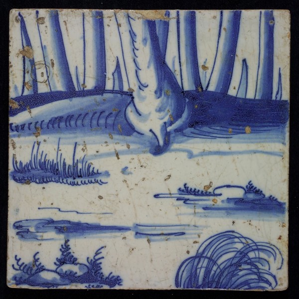 Blue tile with plant stalks of chimney pilaster, tile pilaster footage fragment ceramic pottery glaze, Two blue tiles