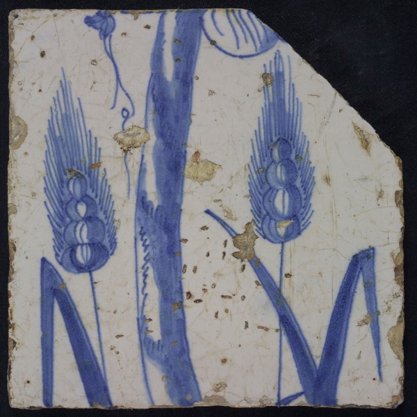 Blue tile of chimney pilaster with 13 tiles, ears of corn and stem, chimney pilaster tile pilaster footage fragment ceramics