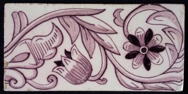 Rectangular edge tile in purple with hinged decor of tulip, with flower of ten oval petals, leaves, type of tulip fawn, yellow
