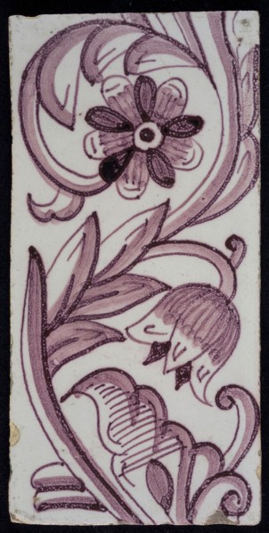 Rectangular edge tile in purple with hinged decor of tulip, with flower of ten oval petals, leaves, type of tulip fawn, yellow