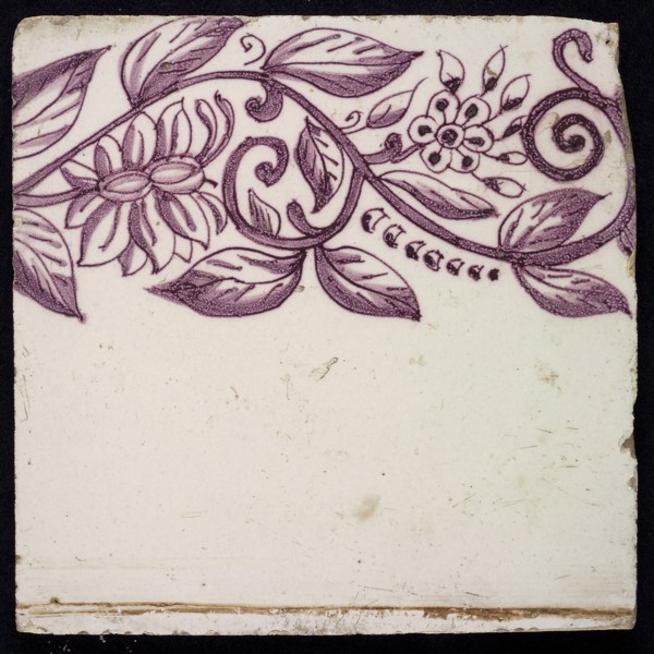 Border tile in purple with sling decoration of two flowers, leaves, yellow pottery, edge tile wall tile tile sculpture ceramic