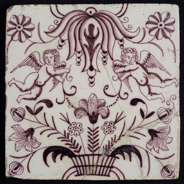 Light purple tile, two twisting angels with flower in hand, flower vase with different flowers, two types of flowers as corner