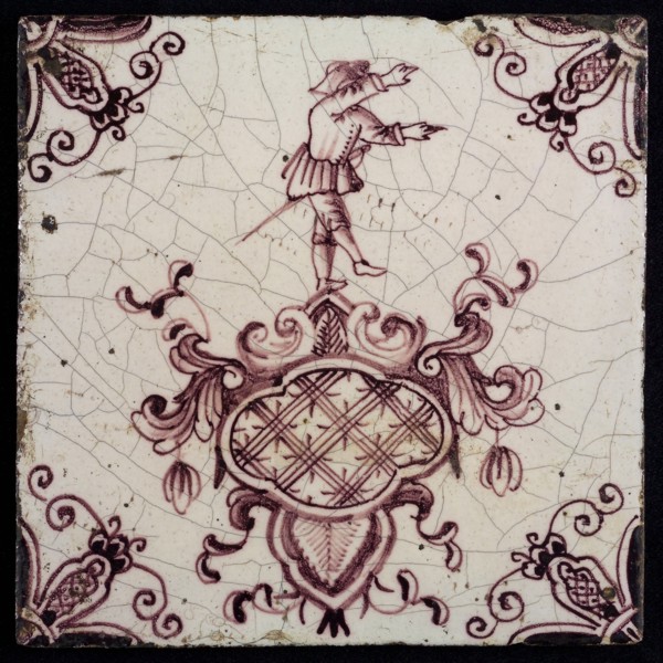 tile manufacturer: Aalmis, Cartouche tile, acrobat with saber, corner motif spider, wall tile tile sculpture ceramic earthenware