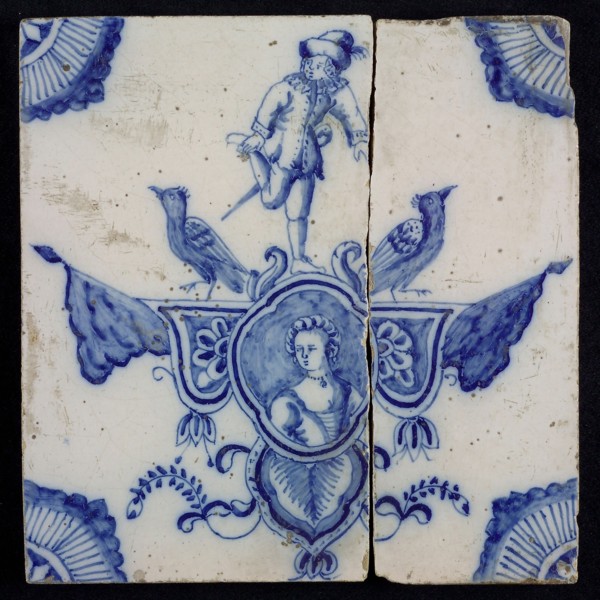 tile manufacturer: Aalmis, Cartouche tile, acrobat with birds and woman's portrait, corner motif quarter rosette, wall tile