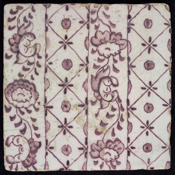 Ornament tile, vertical decor with floral scrolls, wall tile tile sculpture ceramic earthenware glaze, baked 2x glazed painted
