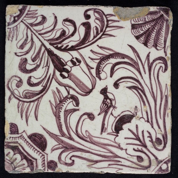 Ornament tile, bird between leaves, wall tile tile sculpture ceramic earthenware glaze, baked 2x glazed painted Yellow shard