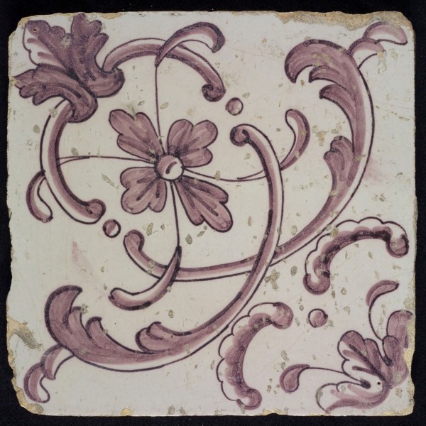 Purple ornament tile, diagonal decor, intersecting leaves, leaf with arch in corner, decentralized flower crossed by four half