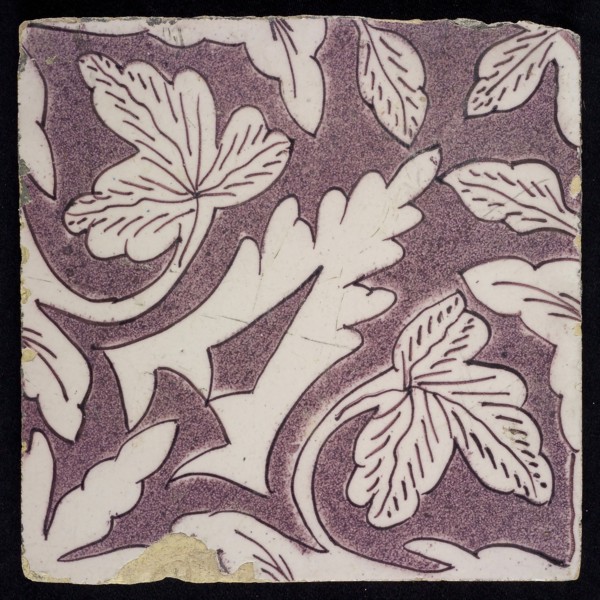 Sprinkled purple ornament tile, openwork stylized spiked leaves coming from corner, surrounded by creeper leaves, oak leaves