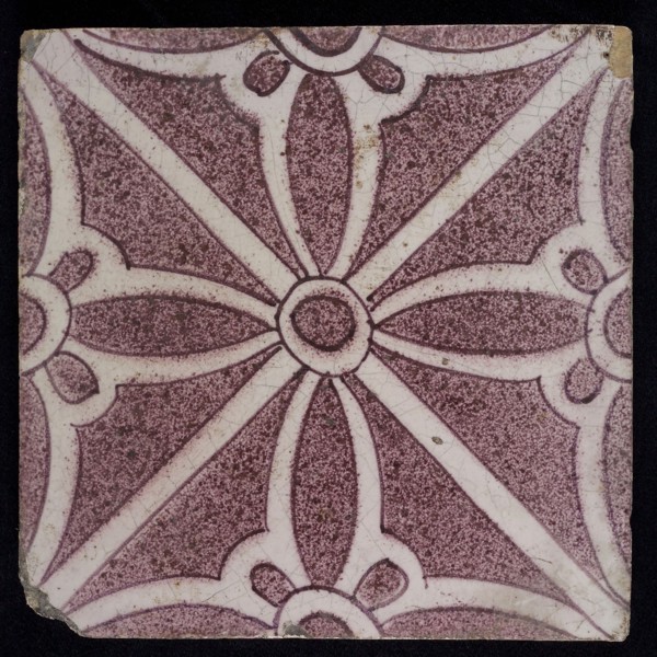 Sprinkled purple ornament tile, double bows along two diagonals, center double, wall tile tile sculpture ceramic earthenware