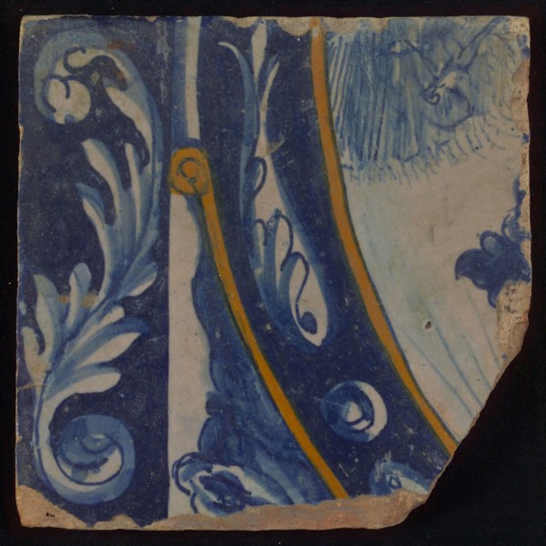 Five multi-colored tableau tiles (blue, yellow) with lower body of nude figure in ornamental border, tile picture footage