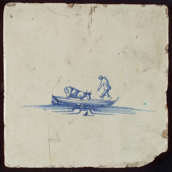 Scene tile, man is punting the boat with stick in the water, wall tile tile sculpture ceramic earthenware glaze, baked 2x glazed