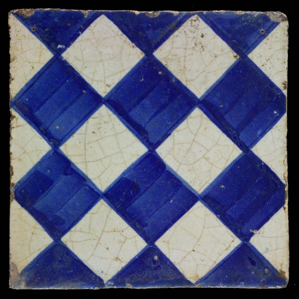 Ornament tile, checkerplate motif, small windows, floor tile tile images ceramic earthenware glaze, Blue on white with dark blue