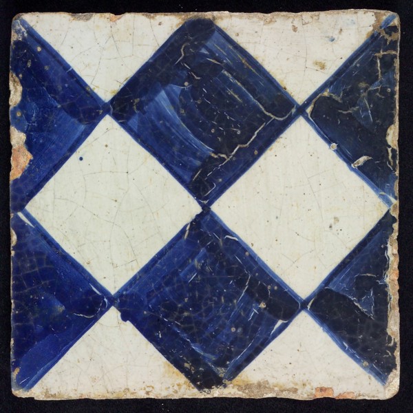 Ornament tile, checkerplate motif, large windows, floor tile tile images ceramic earthenware glaze, Dark blue on gray with dark