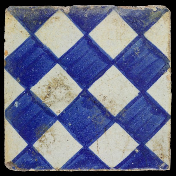 Decorative tile, blue on white, with light blue brushed check pattern as checkerplate, small windows, floor tile tile sculpture