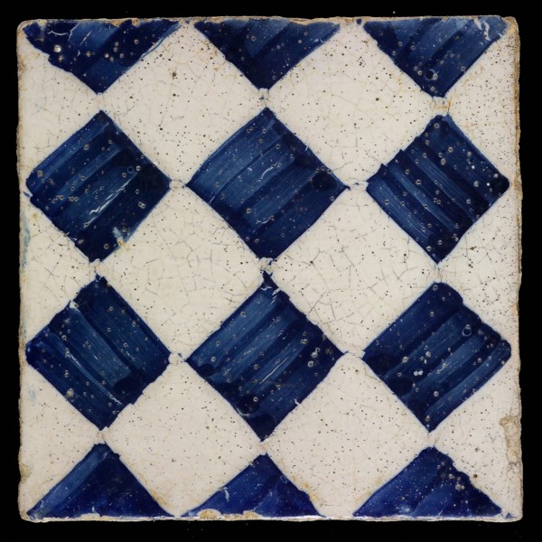 Ornament tile, checkerplate motif, small windows, floor tile tile images ceramic earthenware glaze, Blue on white with dark blue