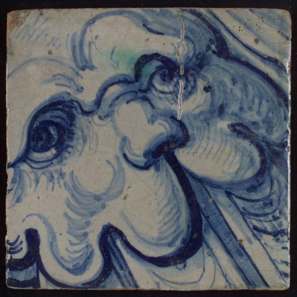 Tile with blue head, tile pilaster footage fragment ceramic pottery glaze, d 1.4