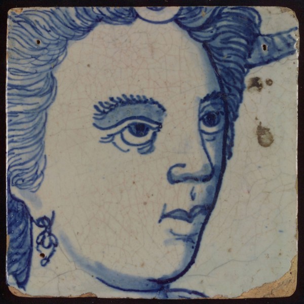 Tile with blue head, tile picture footage fragment ceramics pottery glaze, d 1.0