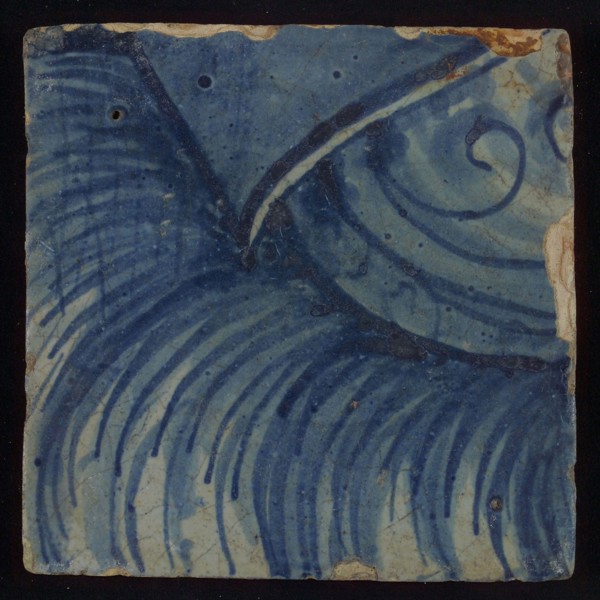 Tile with blue painting, tile pilaster footage fragment ceramic pottery glaze, d 1.6