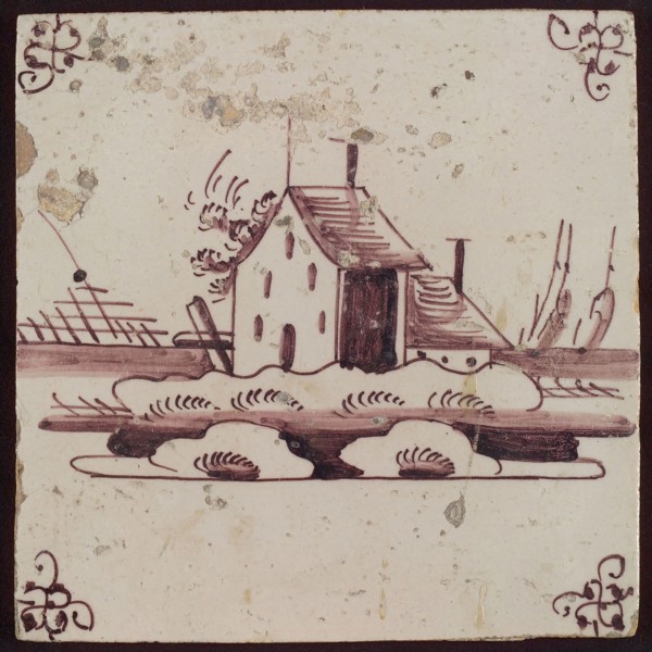 Scene tile, house with shed, corner motif spider, wall tile tile sculpture ceramic earthenware glaze, baked 2x glazed painted
