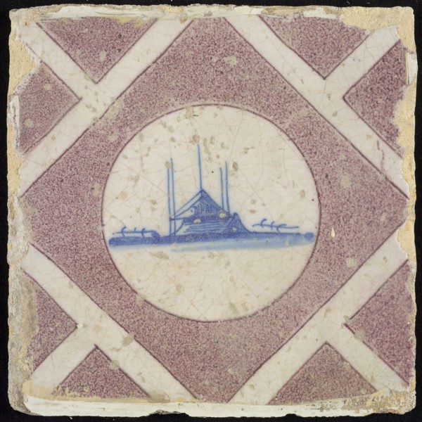 Scene tile, house and haystack, corner pattern half purple squares and white band, wall tile tile sculpture ceramic earthenware