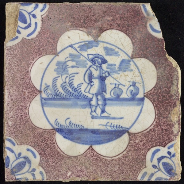 Scene tile, shepherd with stick and sheep, corner motif quarter floral pattern, wall tile tile sculpture ceramic earthenware