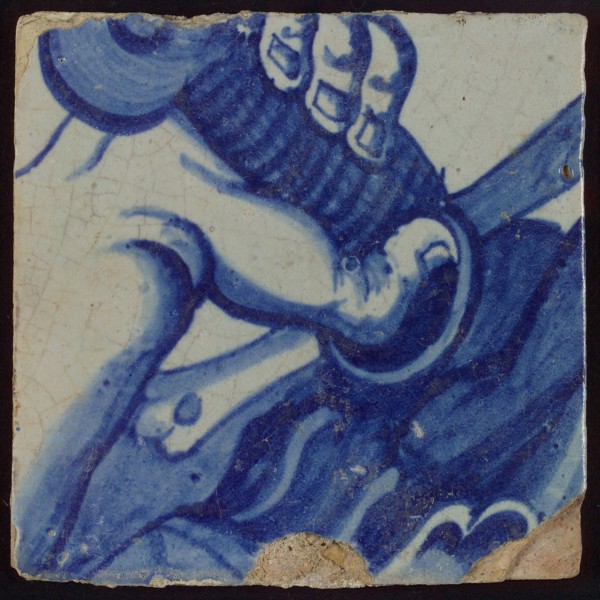 Tile with blue hand with sword, tile picture footage fragment ceramics pottery glaze, d 1.2