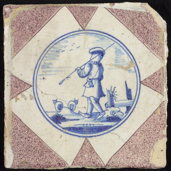 Figure tile, shepherd on the back seen in sheep, wall tile tile sculpture ceramic earthenware glaze, baked 2x glazed painted