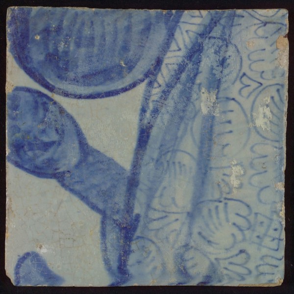 White tile with blue drawing, tile pilaster footage fragment ceramic earthenware glaze, d 1.0