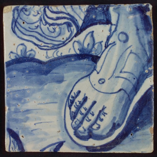 Tile with blue foot with sandal, tile pilaster footage fragment ceramic pottery glaze, Two tiles with blue feet with sandals