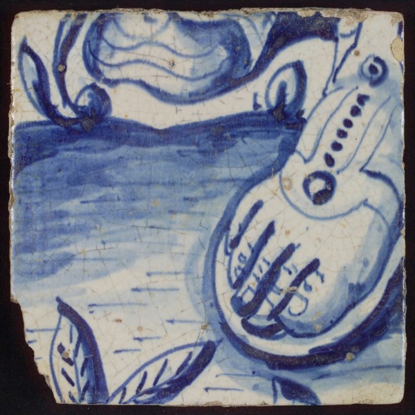 Tile with blue base with sandal, tile pilaster footage fragment ceramic earthenware glaze, d 1.4