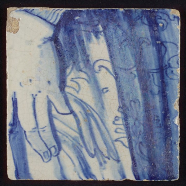 Tile with blue hand with dress, tile picture footage fragment ceramics pottery glaze, d 1.0