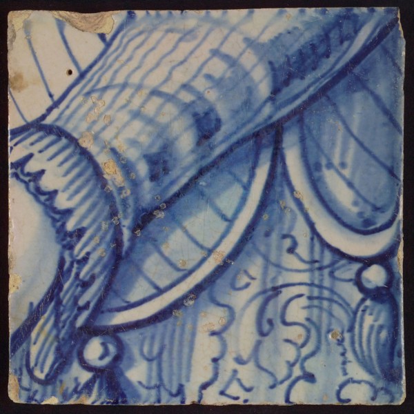 Tile with blue arm, tile picture footage fragment ceramics pottery glaze, d 1.5
