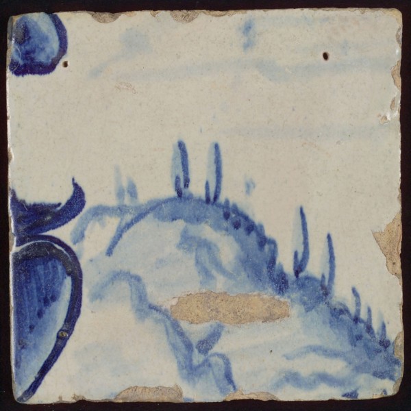 Tile with blue hill on which trees, tile picture footage fragment ceramics pottery glaze, d 1.6