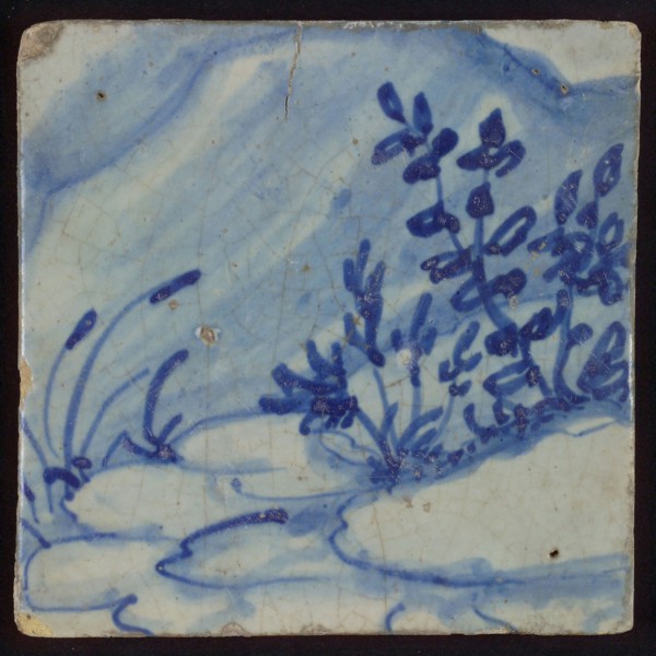 Tile with blue plants, tile pilaster footage fragment ceramics pottery glaze, d 1.2