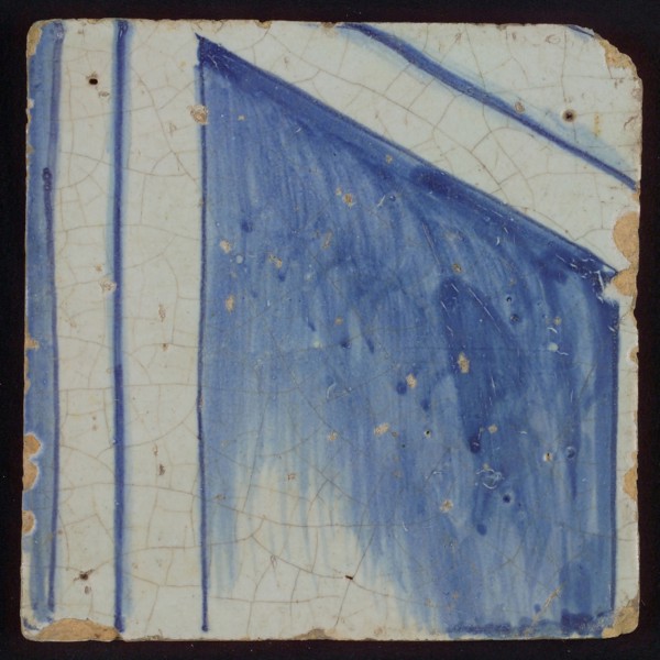Tile with blue surface and lines, tile pilaster footage fragment ceramics pottery glaze, d 0.9