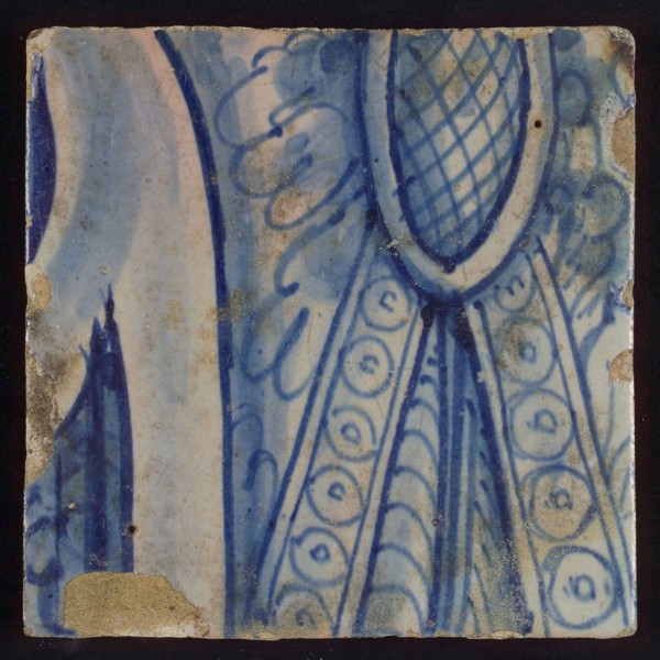 Tile with blue clothes?, tile picture footage fragment ceramics pottery glaze, d 1.3