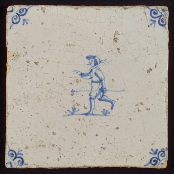 Figure tile, man with rake, Corner motif ox's head, wall tile tile sculpture ceramic earthenware glaze, baked 2x glazed painted