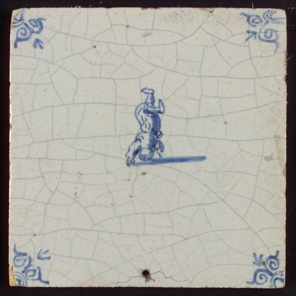 Scene tile, child's play, headstand, corner motif ox's head, wall tile tile sculpture ceramic earthenware glaze, baked 2x glazed