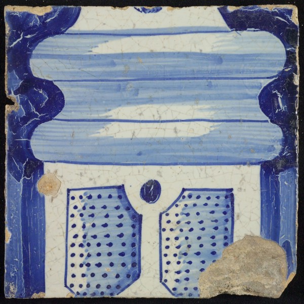 Tile of chimney pilaster, in blue on white, part of column with basement with part of baluster, division with dots, chimney