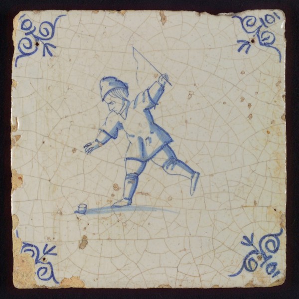 Scene tile, child's play, child with toll, corner motif ox's head, wall tile tile sculpture ceramic earthenware glaze, baked 2x