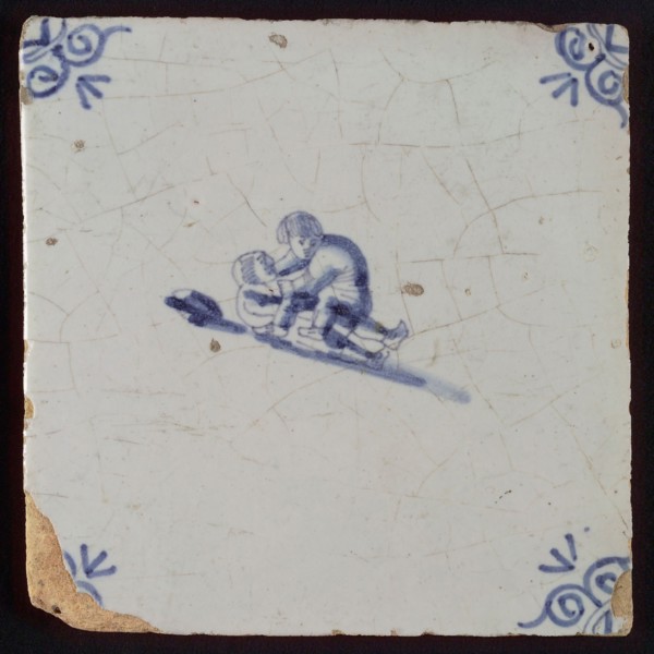 Scene tile, double child's play, fight, corner motif ox's head, wall tile tile sculpture ceramic earthenware enamel tinglage