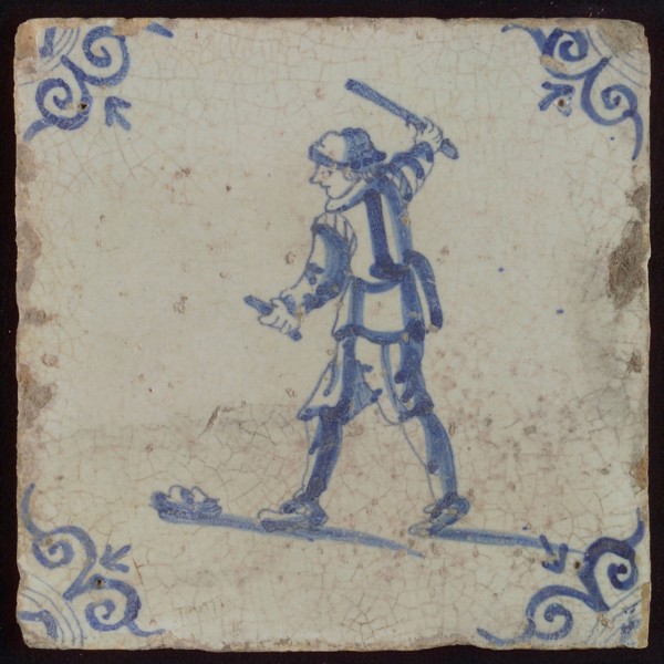 Scene tile, child's play, tipping, corner motif ox's head, wall tile tile sculpture ceramic earthenware glaze, baked 2x glazed